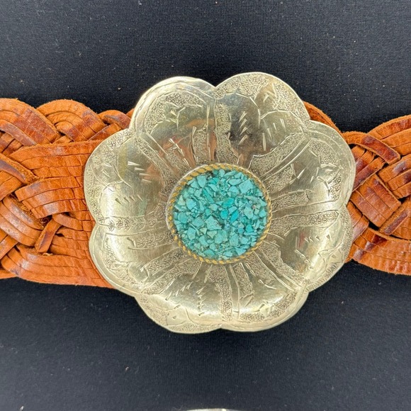 Chicos Genuine Leather Woven Belt Silver Turquoise Flower Buckle Womens sz M L - Picture 2 of 10